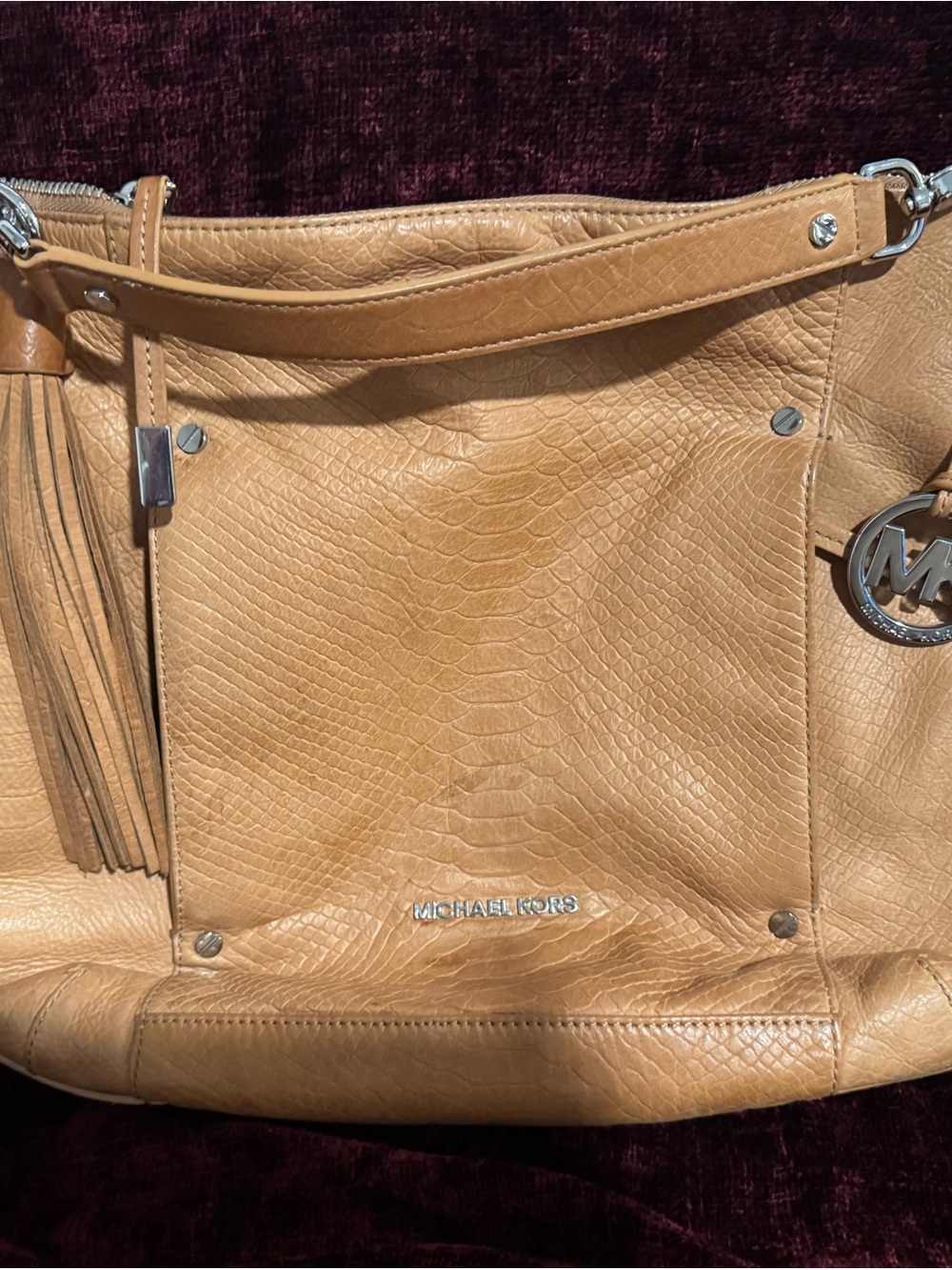 Michael Kors Camel Textured Leather Shoulder Bag with Tassel